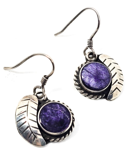 Charoite Purple gemstone Taxco Mexico TB-150 sterling silver vintage drop earrings