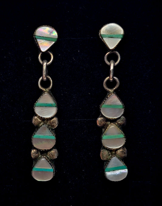 Turquoise Mother of pearl MOP inlay Native American vintage sterling silver earrings