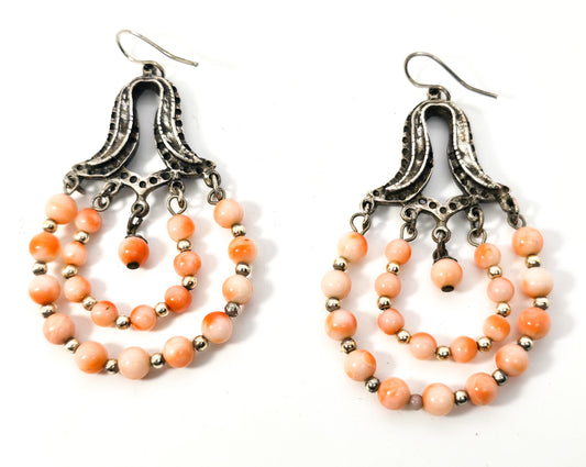 Angel skin Coral beaded double handoop vintage long drop sterling silver earrings