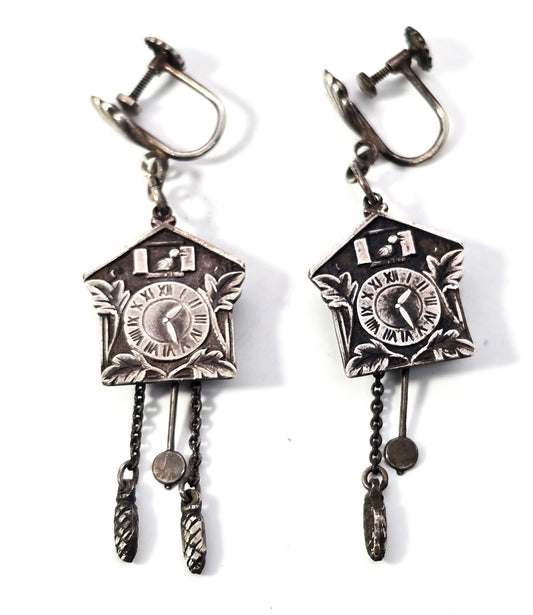 Antique Cuckoo clock German 835 sterling silver screw back earrings