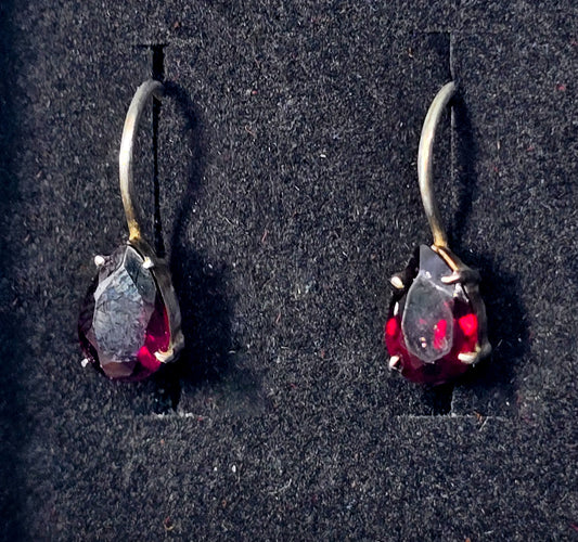 Red Garnet faceted gemstone pear cut sterling silver lever back earrings FAS