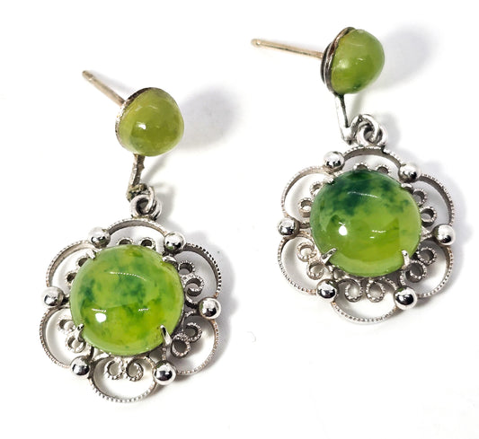 Green Jade Glass Cab Rhodium Plated mid century vintage post earrings