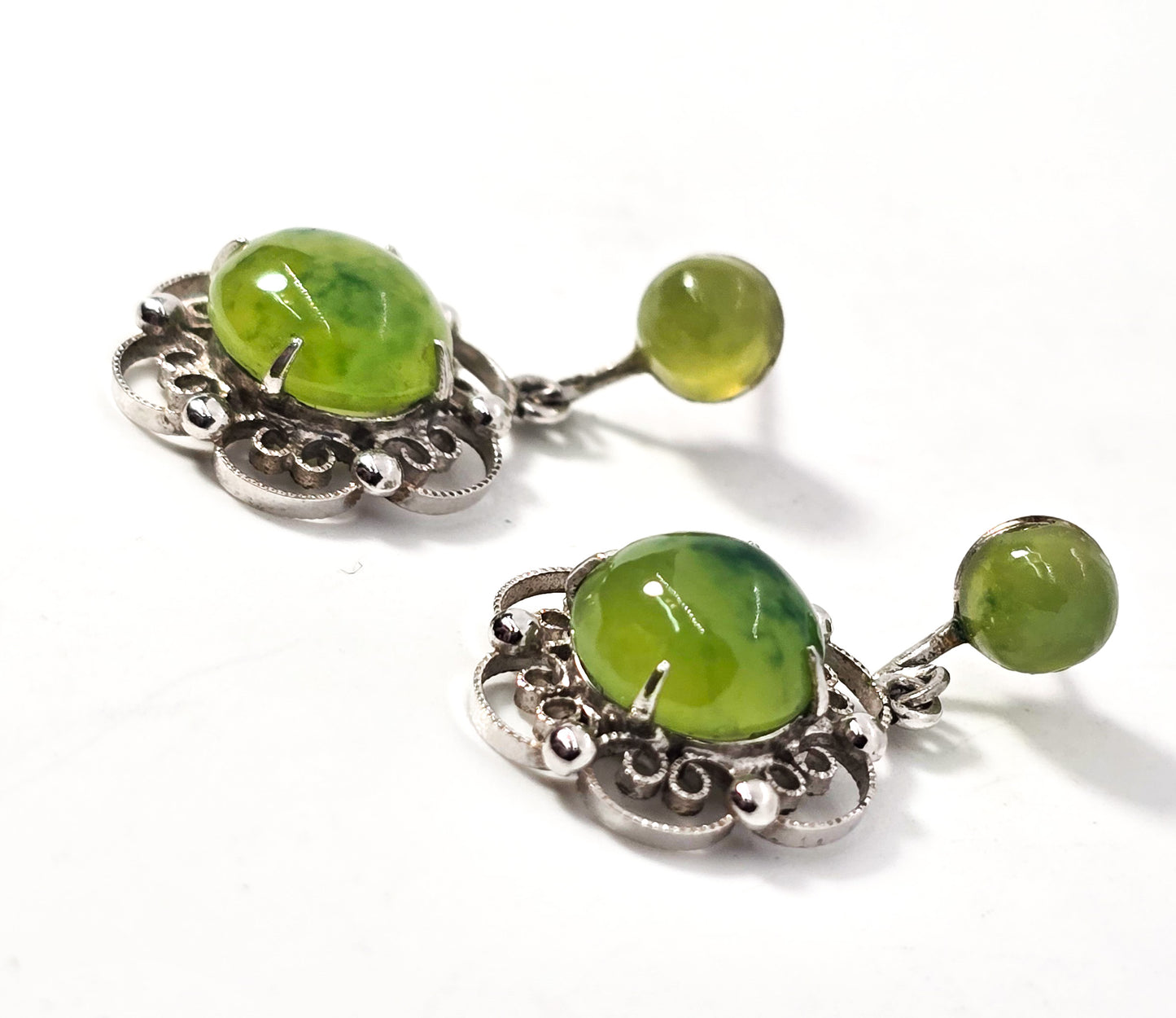 Green Jade Glass Cab Rhodium Plated mid century vintage post earrings