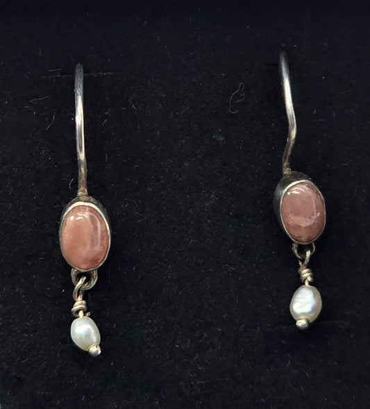 Sunstone Freshwater pearl beaded drop sterling silver vintage earrings