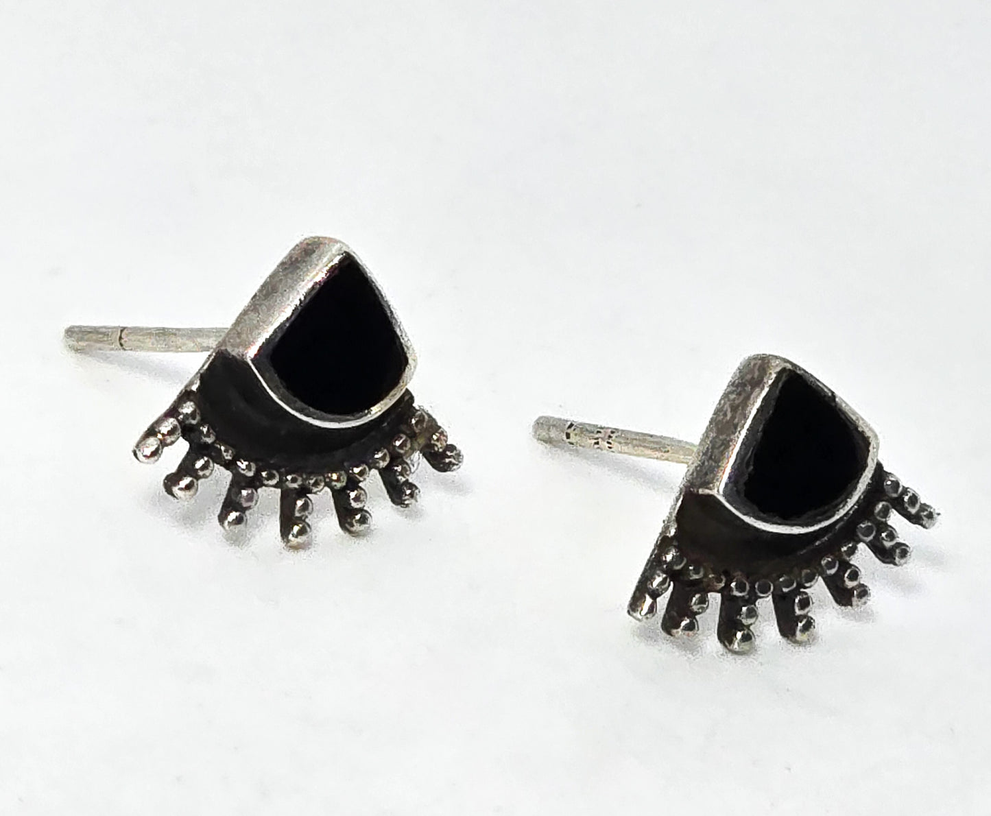 Black and silver tribal fan enamel sterling silver vintage stud earrings