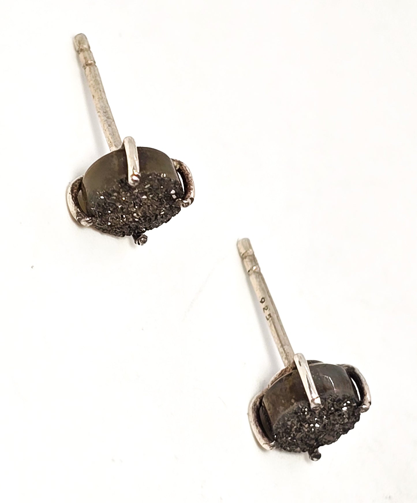 Black sparkling druzy gemstone prong set sterling silver stud earrings
