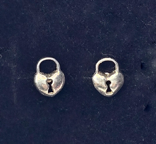 Heart shaped lock petite tiny sterling silver stud earrings