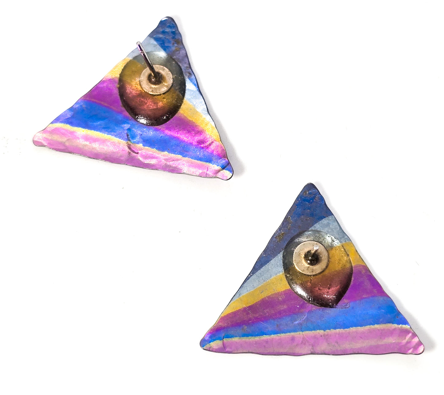 Rainbow Niobium hammered metal large retro triangle stud vintage earrings