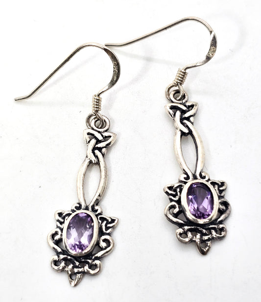 Amethyst purple Celtic knot gemstone sterling silver tribal drop earrings