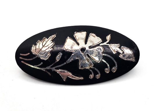 Antique Etched flower black and silver Mourning brooch