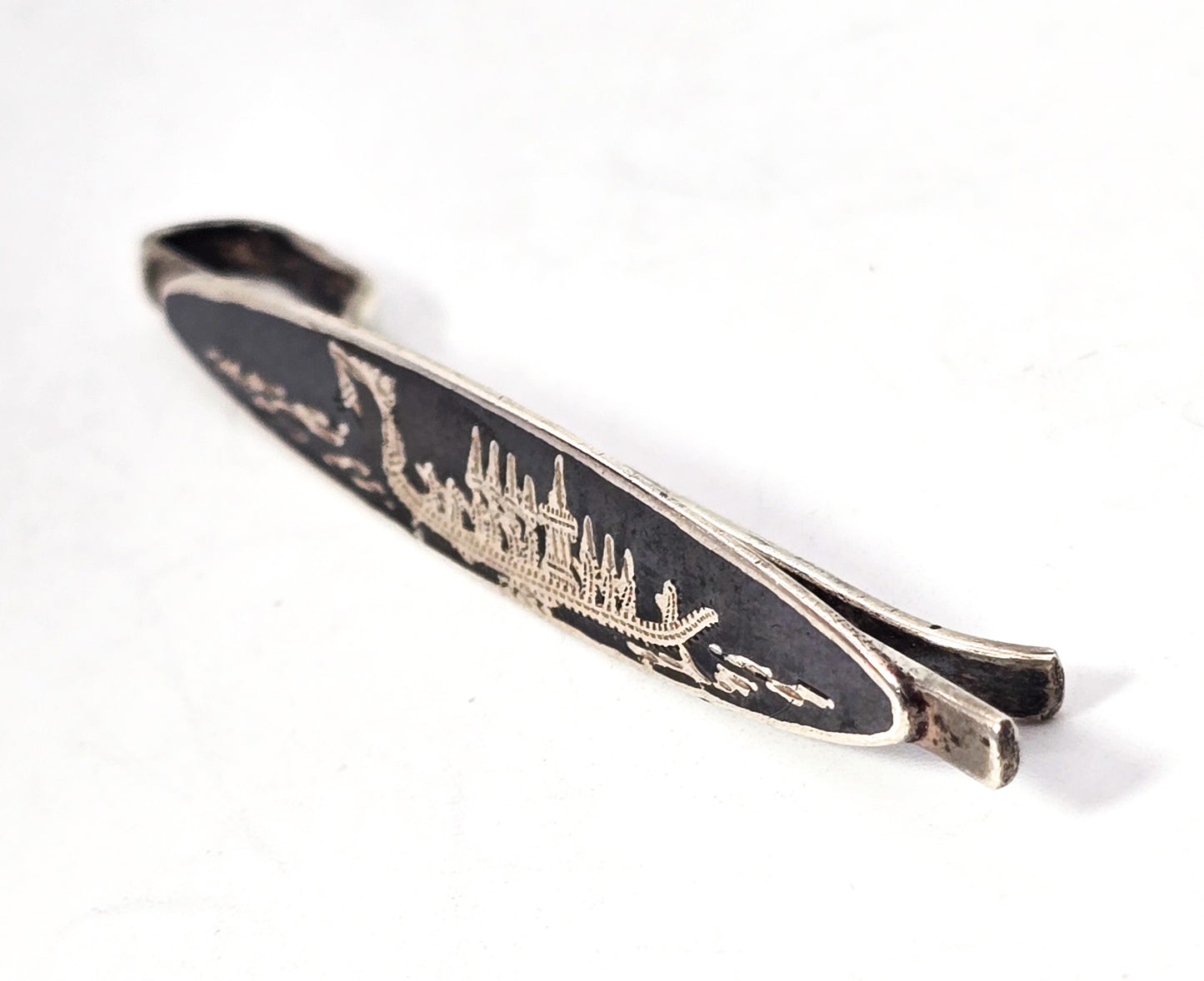 Siam Ancient ship nielloware black sterling silver vintage tie bar clip