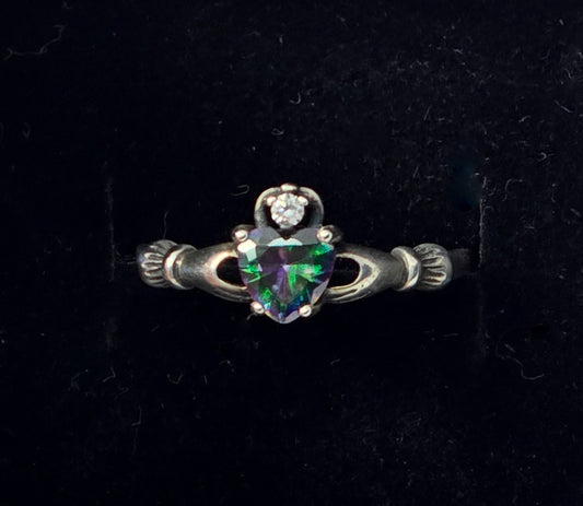 Claddagh mystic topaz heart Cubic zirconia Irish Druid sterling silver ring size 9