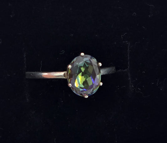 Peacock Mystic Topaz 2ct oval cut faceted sterling silver solitaire ring size 9