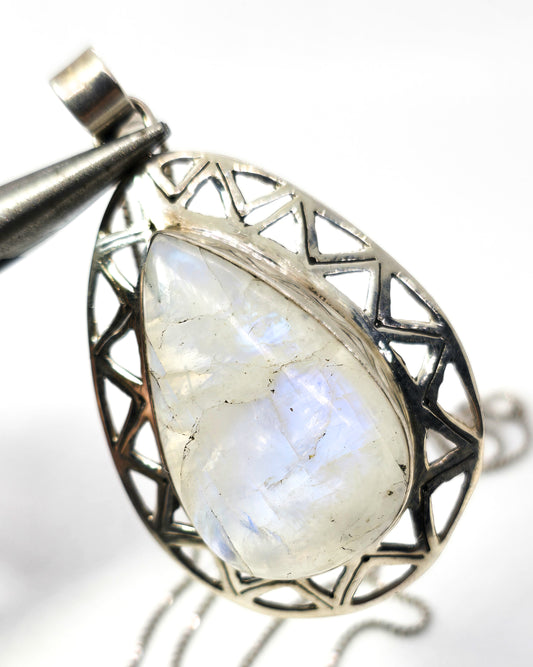 Blue Moonstone Large Flashy gemstone tribal sterling silver pendant necklace
