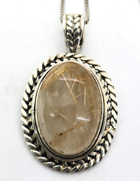 Golden Rutile Rutilated Quartz gemstone sterling silver wheat pendant necklace
