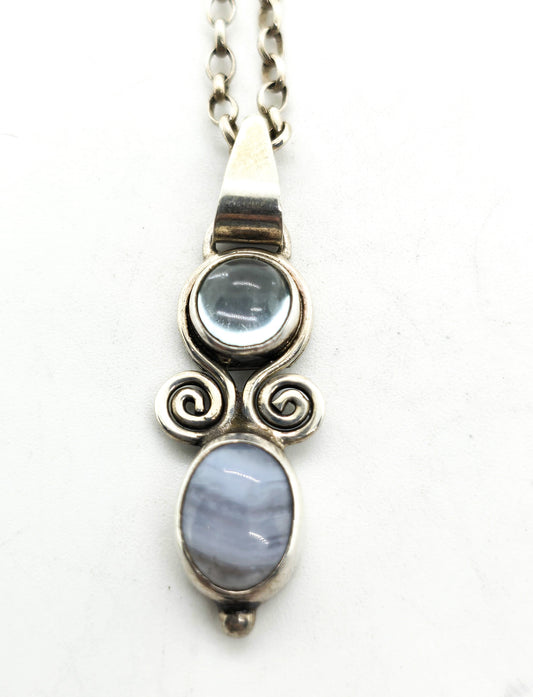 Blue lace agate blue topaz tribal sterling silver Bali gemstone necklace