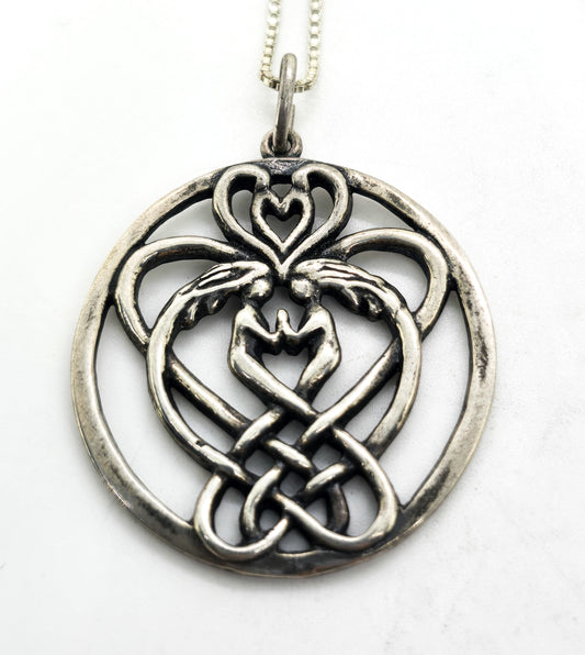 SAW Twin Flames Heart Celtic knot signed sterling silver pendant necklace