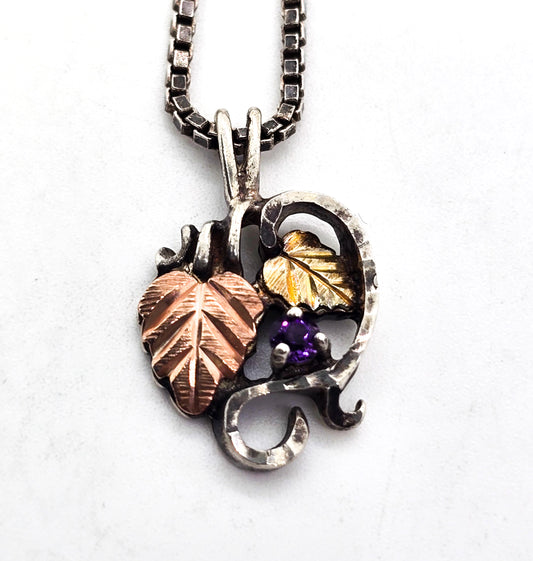 Black Hills Gold Coleman Co Signed amethyst Gold Grape leave sterling necklace