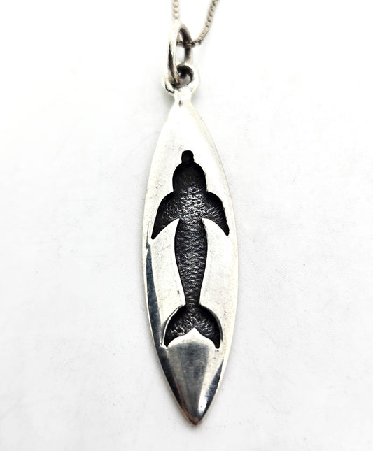 Shadow dolphin on surfboard sterling silver ocean themed pendant necklace