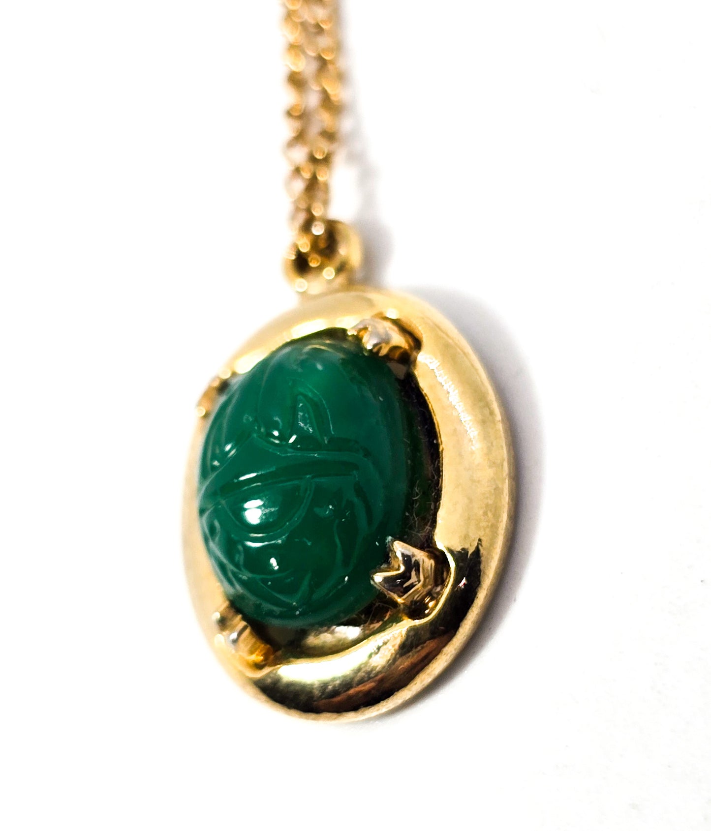 Egyptian revival mid century green glass Scarab gold toned vintage necklace