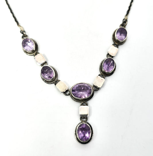 Amethyst purple gemstone sterling silver vintage Y statement necklace