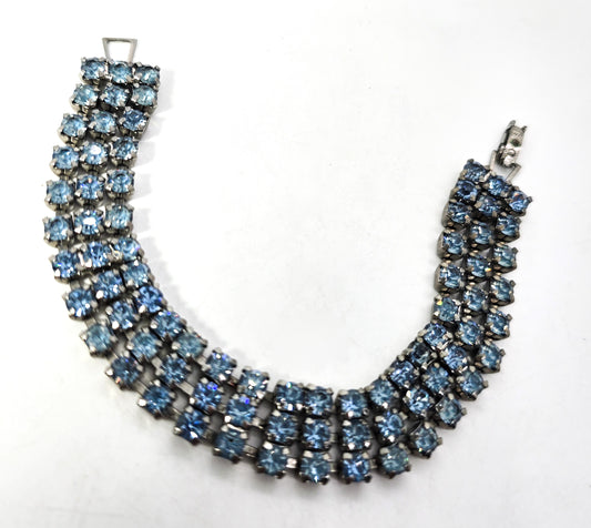 Three row light baby blue rhinestone vintage mid century tennis bracelet
