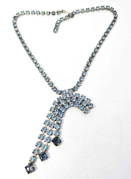 Blue Waterfall vintage rhinestone mid century statement necklace