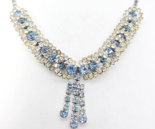Scalloped halo Baby Blue vintage rhinestone collar mid century statement necklace