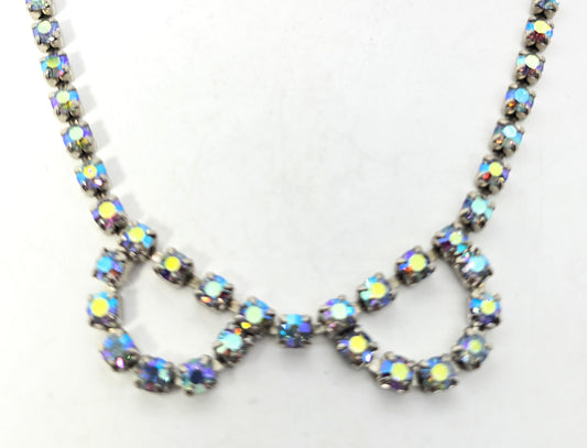Blue Aurora Borealis vintage rhinestone mid century scalloped bow necklace