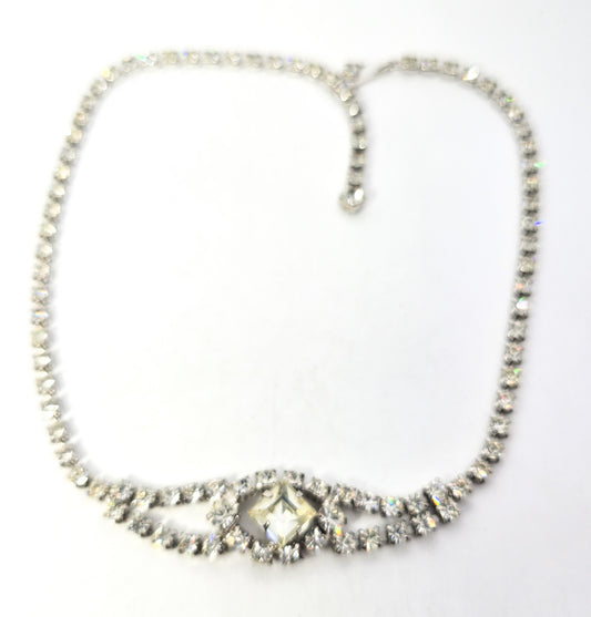 Clear princess cut rhinestone eye vintage mid century choker necklace