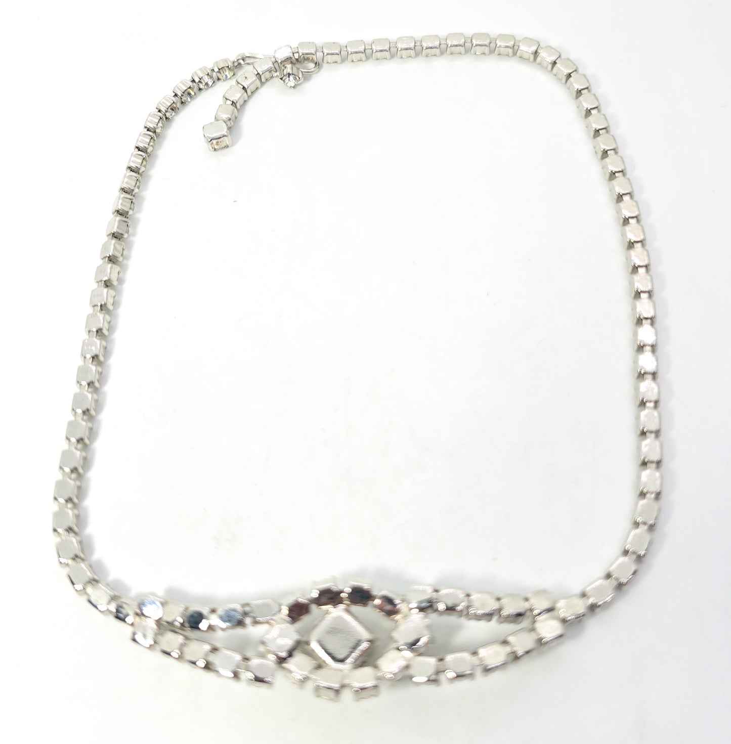 Clear princess cut rhinestone eye vintage mid century choker necklace