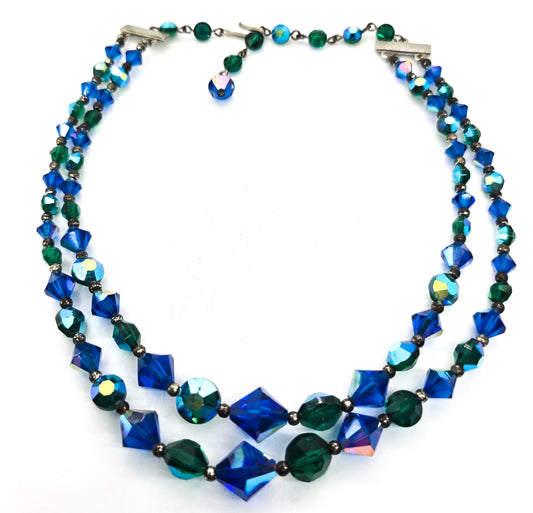 Green and blue Austrian crystal Aurora Borealis vintage two strand beaded necklace