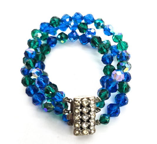 Triple strand blue and green vintage beaded Austrian Crystal rhinestone bracelet