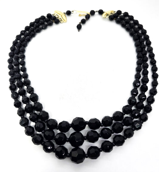 West Germany black faceted 3 strand graduated beaded vintage necklace