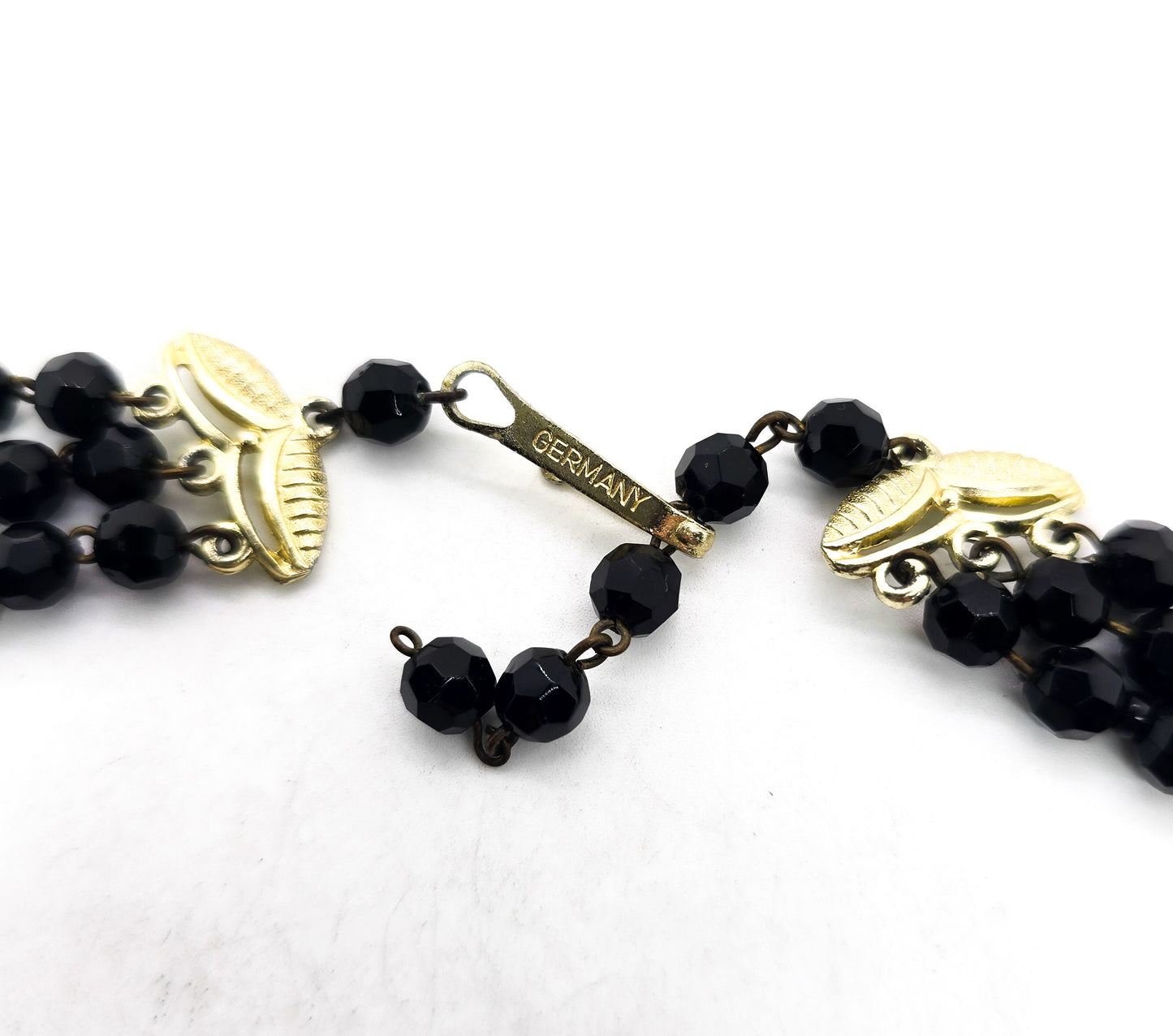 West Germany black faceted 3 strand graduated beaded vintage necklace