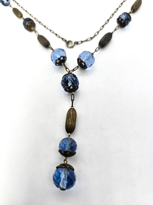 Blue Glass crystal Czech glass vintage Y beaded stationary necklace