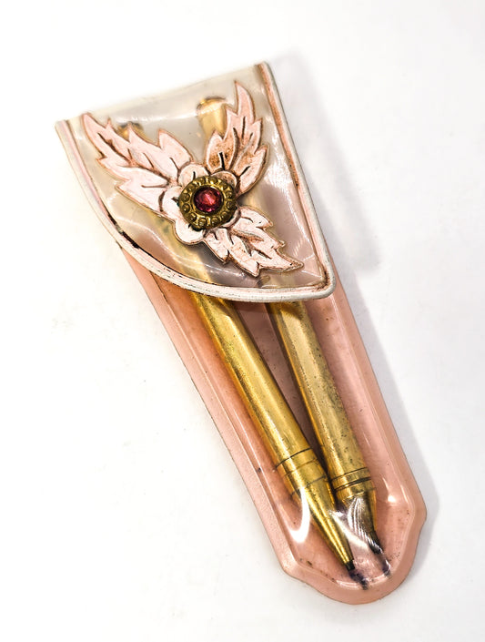 Vintage Mid Century Pen Mechanical Pencil rhinestone Top Purse Stationary set