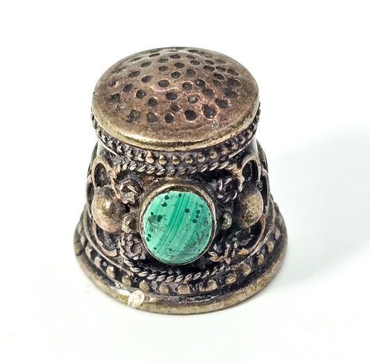 Banded Malachite sterling silver 900 vintage gemstone sewing thimble