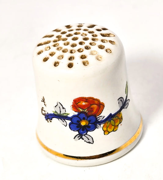 Folk Art Retro Flower gold rimmed  China vintage sewing thimble