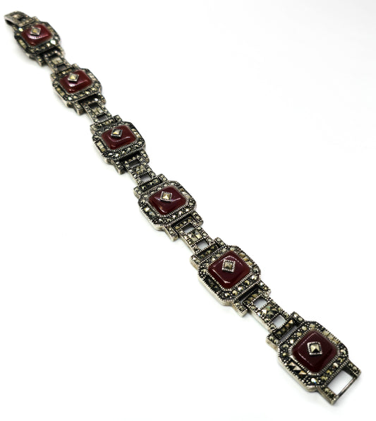 Art Deco Style Carnelian pyramid marcasite heavy sterling silver tennis bracelet