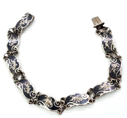 Siam Black Nielloware enamel Mekkala vintage sterling silver bracelet