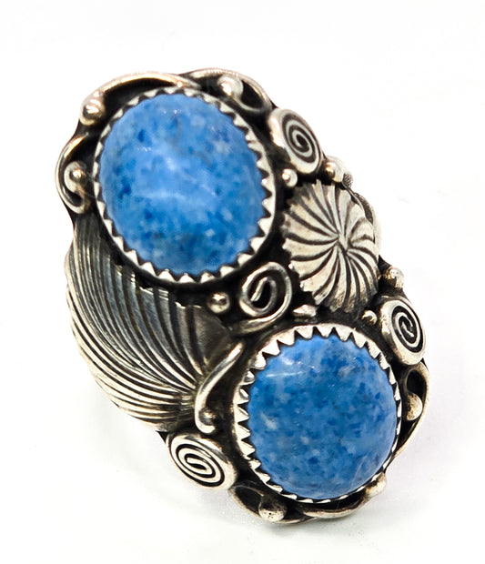 Denim Lapis Navajo Native American feather vintage sterling silver ring size 9