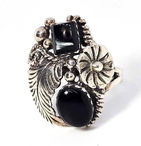 Double Black Onyx Feather sterling silver Native American flower vintage ring size 8