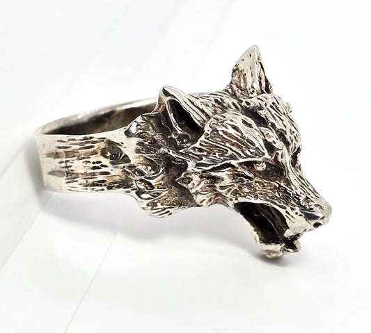 Snarling wolf Men's vintage retro solid sterling silver figural ring size 13