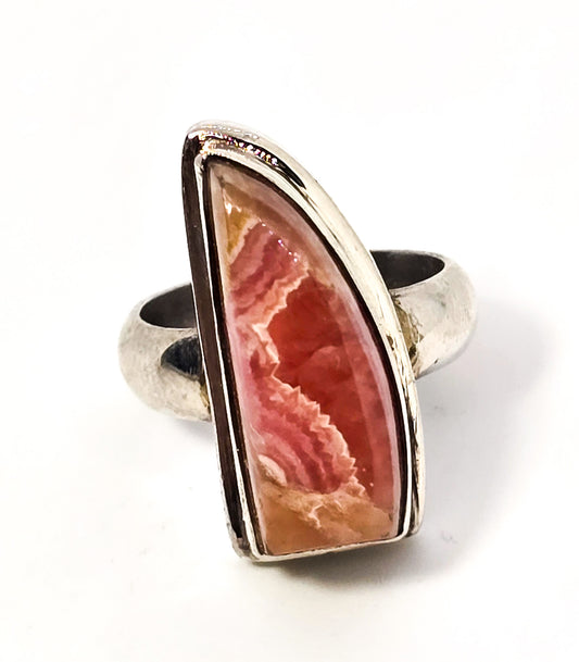 Rhodochrosite banded pink gemstone large vintage sterling ring size 6.5