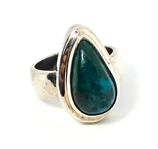Chrysocolla Pear Cut Malachite Azurite vintage solid sterling silver ring size 6
