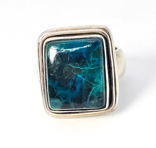 Chrysocolla large Malachite Azurite vintage solid sterling silver ring size 7