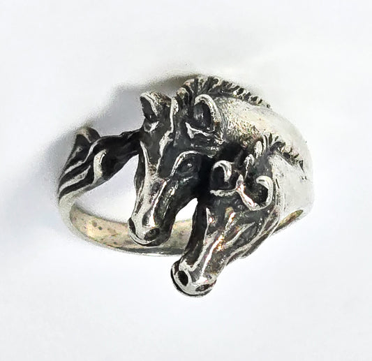 Double Horse Cowgirl Rodeo Mare vintage sterling silver Equestrian ring size 5.5