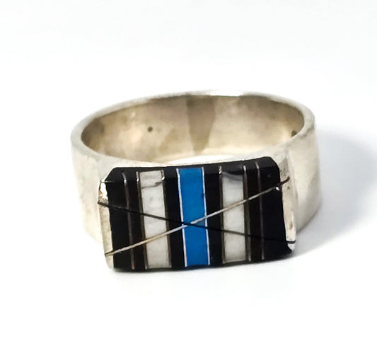 Black onyx blue turquoise howlite Southwest vintage sterling silver inlay ring size 9