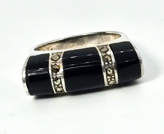 Art Deco Style Black onyx marcasite vintage JC sterling silver bar ring size 7